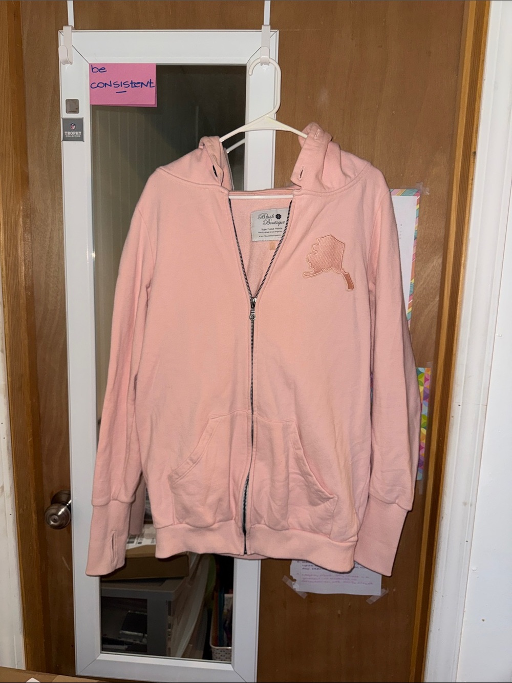 Blush Pink Zip-Up Hoodie with Subtle Patch Detail